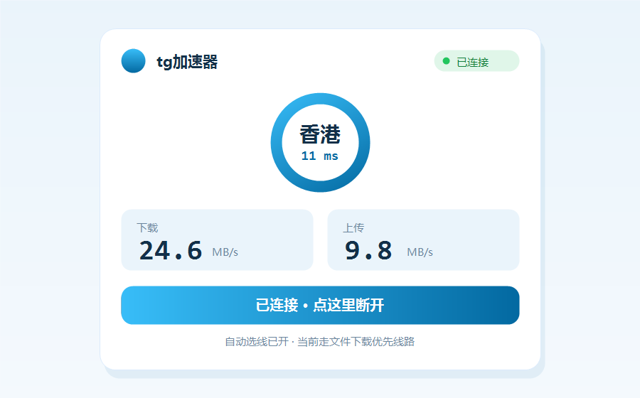 tg加速器客户端界面，已接入香港节点并显示延迟、上下行速度和连接状态